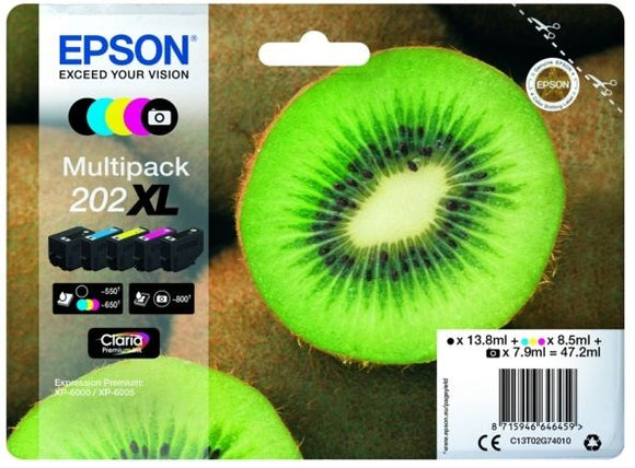 Genuine Epson 202XL, Kiwi Multipack Ink Cartridges, T02G7, C13T02G74010