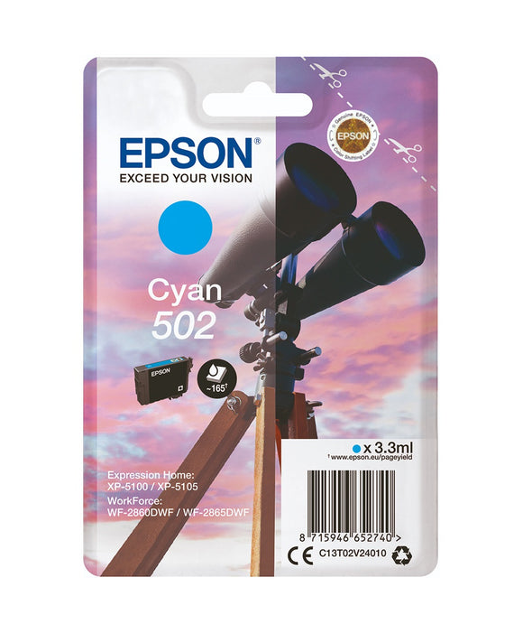 Genuine Epson 502, Binoculars Cyan Ink jet Print Cartridge, T02V2, C13T02V24010