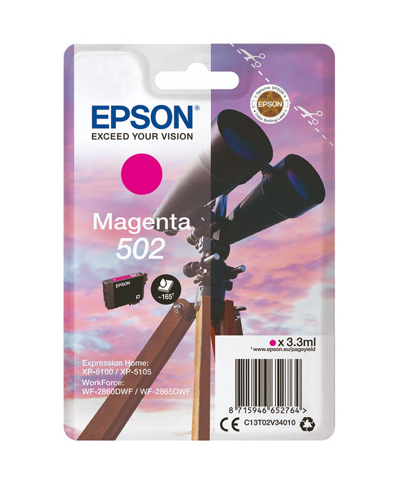 Genuine Epson 502, Binoculars Magenta Ink Cartridge, T02V3, C13T02V34010