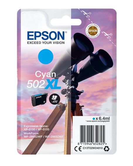Genuine Epson 502XL, Binoculars Cyan Ink Cartridge, T02W2, C13T02W24010