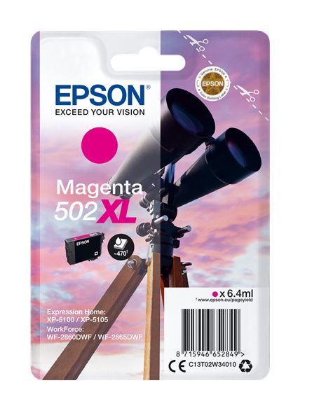 Genuine Epson 502XL Binoculars Magenta Ink Cartridge, T02W3, T02W340