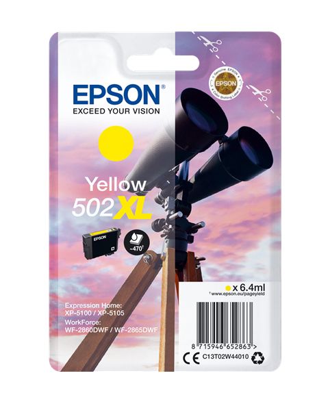 Genuine Epson 502XL, Binoculars Yellow Ink Cartridge, T02W4, T02W440