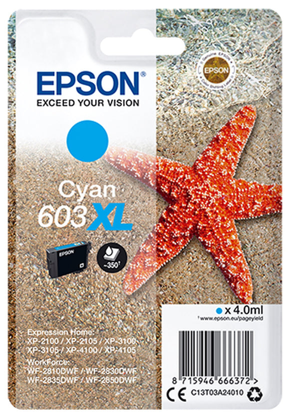 Genuine Epson 603XL, Starfish Cyan Ink Cartridge, T03A2, C13T03A24010