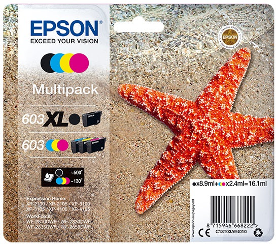 Genuine Epson 603XL, 603, C/M/Y, Starfish Multipack Ink Cartridges, C13T03A94010