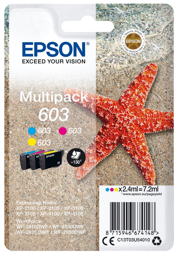 Genuine Epson 603, Starfish Triplepack Ink Cartridges, T03U5, C13T03U54010