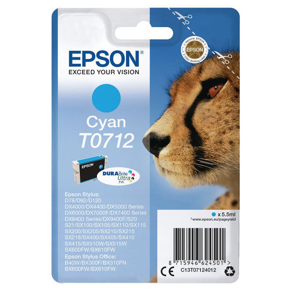 Genuine Epson T0712 Cheetah Cyan Ink Cartridge, TO712, C13T07124010