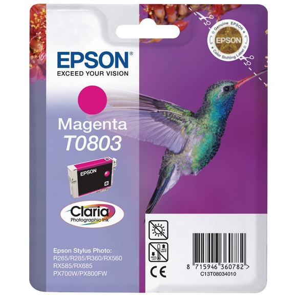 Genuine Epson T0803, Hummingbird Magenta, Ink Cartridge, TO803, C13T08034010