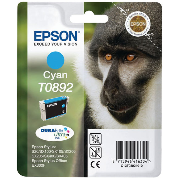 Genuine Epson T0892, Monkey Cyan Ink Cartridge, TO892, C13T08924012