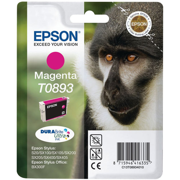 Genuine Epson T0893, Monkey Magenta Ink Cartridge, TO893, C13T08934012