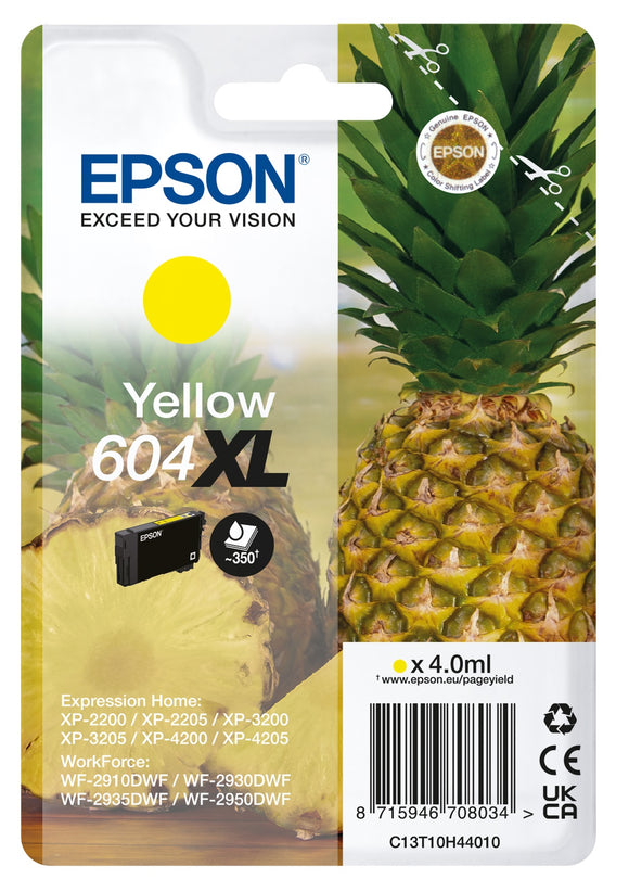 Genuine Epson 604XL, Pineapple Yellow Ink Cartridge, T10H4, C13T10H44010