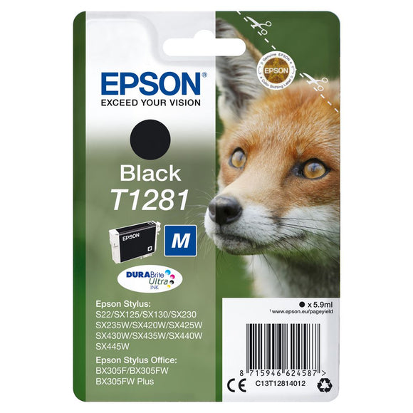 Genuine Epson T1281, Fox Black Ink Cartridge, C13T12814012