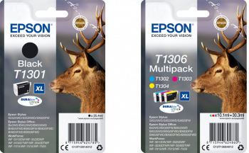 Genuine Epson DuraBrite Ultra Stag Multipack Ink Jet Printer Cartridges, T1301, T1306
