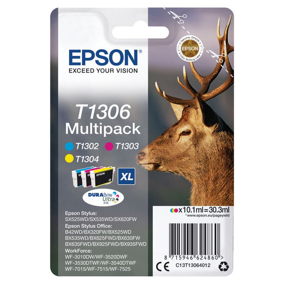 Genuine Epson T1306 DuraBrite Ultra Stag Tripple Pack Ink Cartridge C13T13064012