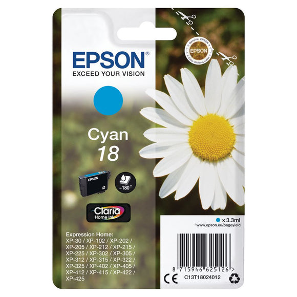 Genuine Epson 18, Daisy Cyan Original Ink Cartridge, T1802, C13T18024012