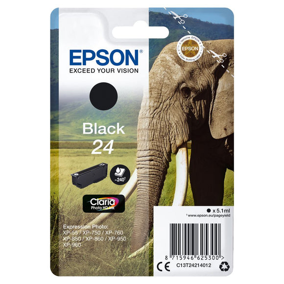 Genuine Epson 24, Elephant Black Ink Cartridge, T2421
