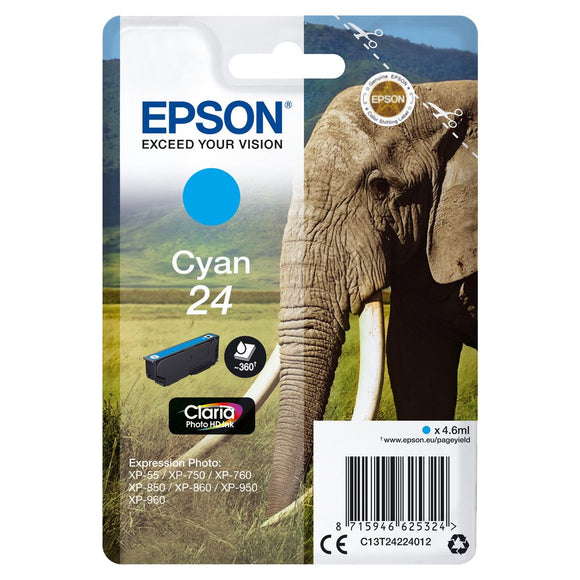 Genuine Epson 24, Elephant Cyan Ink Cartridge, T2422