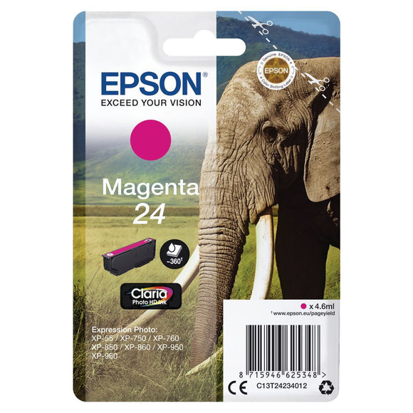 Genuine Epson 24, Elephant Magenta Ink Cartridge, T2423,