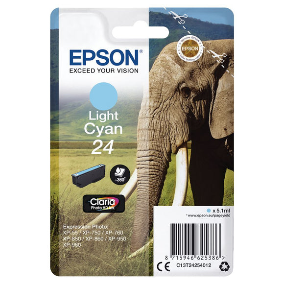 Genuine Epson 24, Elephant Light Cyan Ink Cartridge, T2425