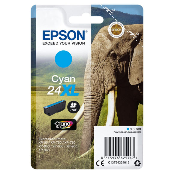 Genuine Epson 24XL, Elephant Cyan Ink Cartridge, T2432