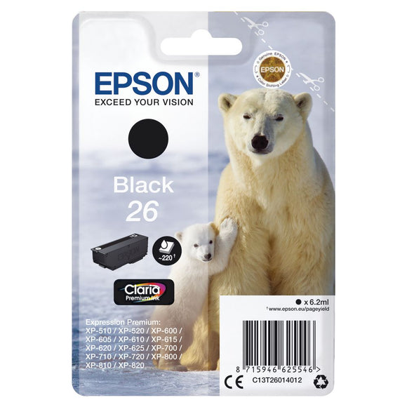 Genuine Epson 26, Black Polar Bear Ink Cartridge, T2601, T260140