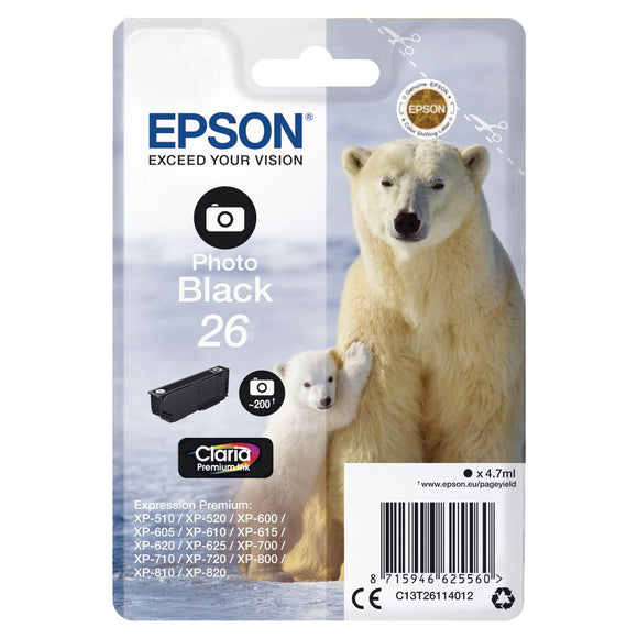 Genuine Epson 26, Photo Black Polar Bear Ink Cartridge, T2611, T261140