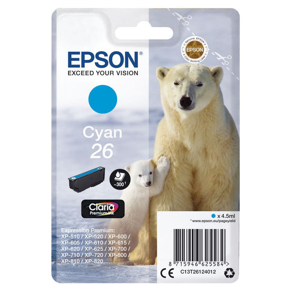 Genuine Epson 26, Polar Bear Cyan Ink Cartridge, T2612, C13T26124012