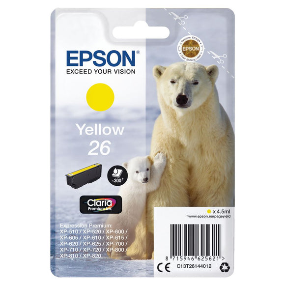 Genuine Epson 26, Polar Bear Yellow Ink Cartridge, T2614, T261440