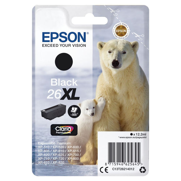 Genuine Epson 26XL, Polar Bear Claria Premium Black Ink Cartridge, T2621, T262140