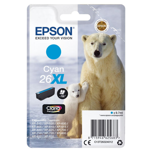 Genuine Epson 26XL, Polar Bear Cyan Ink Cartridge, T2632, T263240