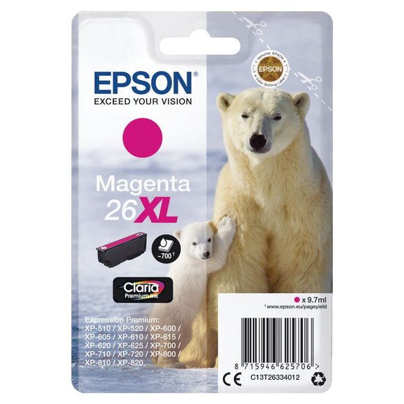 Genuine Epson 26XL Polar Bear Claria Premium Magenta Ink Cartridge, T2633, T263340