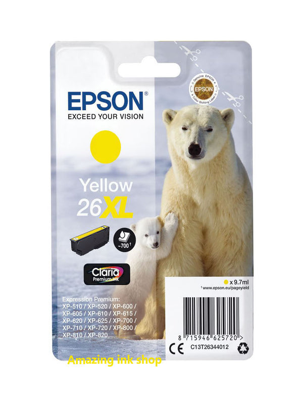 Genuine Epson 26XL, Polar Bear Yellow Ink Cartridge, T2634, T263440
