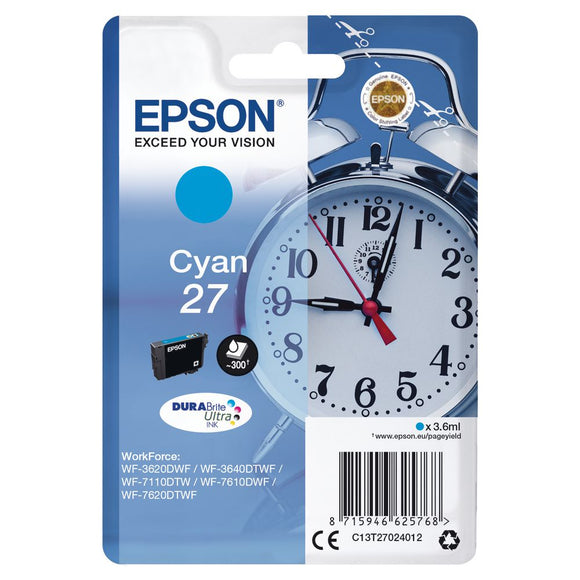 Genuine Epson 27, Alarm Clock Cyan Ink Cartridges, T2702, T270240