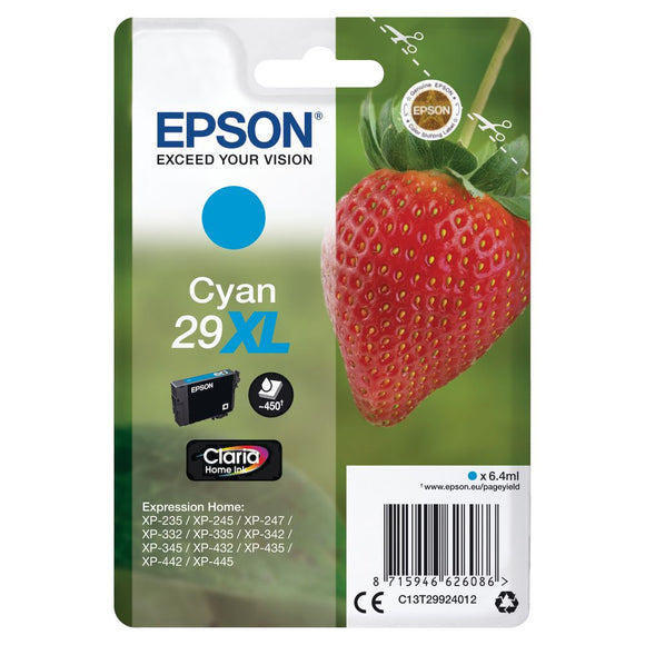 Epson 29XL, Strawberry Claria Home Cyan Ink Cartridge T2992 C13T29924012 OEM