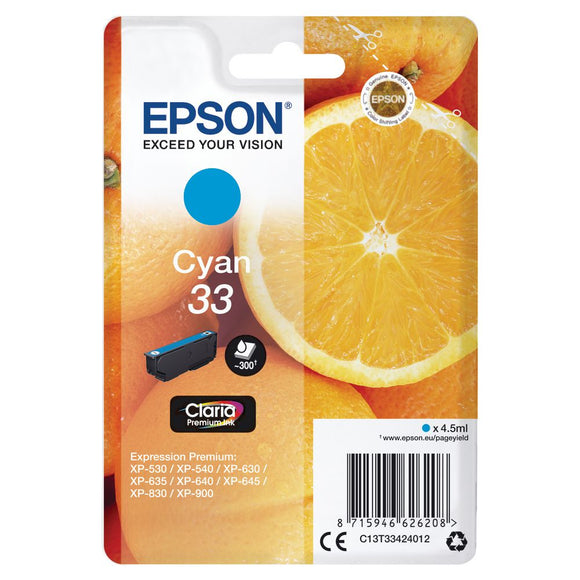 Genuine Epson 33, Oranges Cyan Ink Cartridge, T3342, C13T33424012