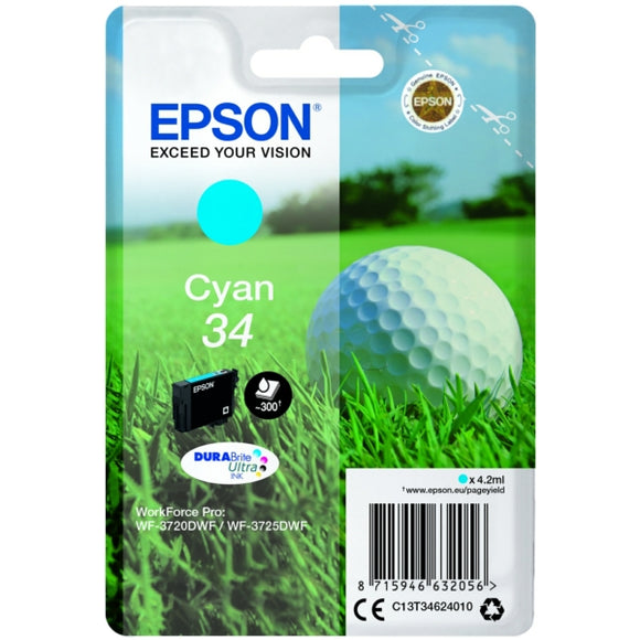 Genuine Epson 34, Golf Ball Cyan Ink jet Printer Cartridge, T3462, C13T34624010