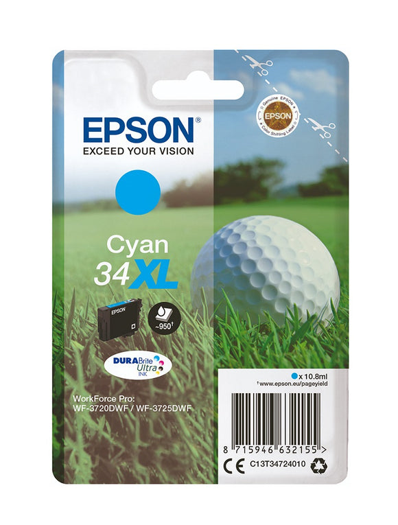 Genuine Epson 34XL, Golf Ball Cyan Ink jet Printer Cartridge, T3472, C13T34724012