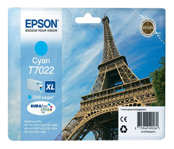 Genuine Epson T7022 XL Cyan Eiffel Tower Ink Cartridge, C13T70224010